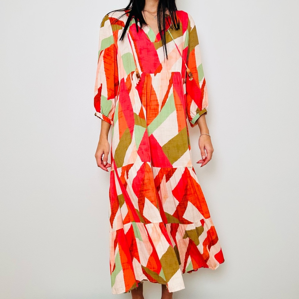 Marwa Abstract Print Boho Maxi Dress Tie Neck Tiered Skirt